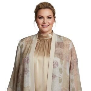 R&M Richards Womens Floral Textured Jacket Satin Top Set Beige Evening 18W